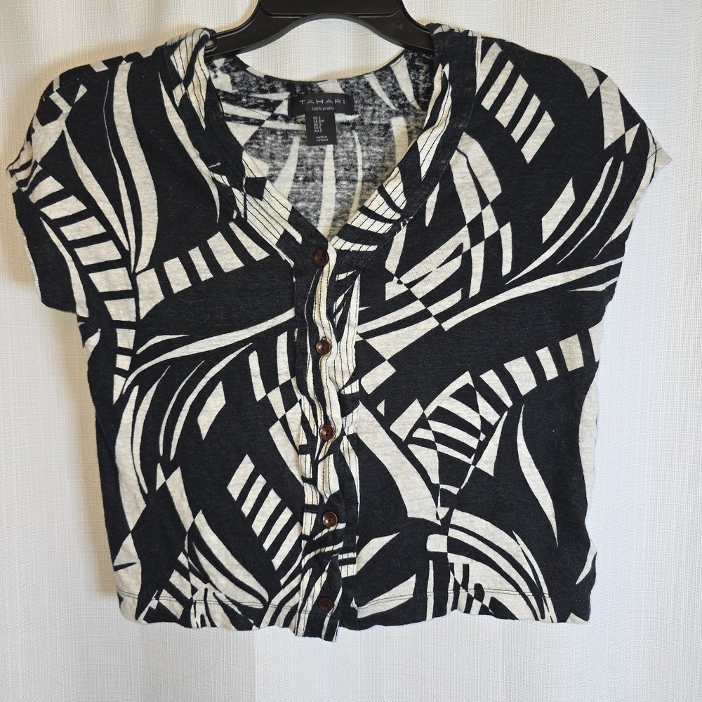 TAHARI 100% Linen Black/White Button Up Top Small